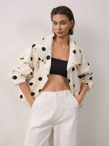 Women's Long Sleeve Stand Collar Polka Dot Flight Jacket - White - View 7