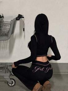秋季街頭休閒女裝長袖圖案印花上衣與長褲 Y2K 風格女款套裝 - 黑色 - 查看 4