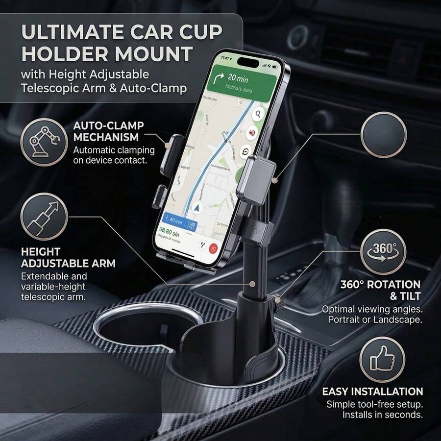 Universal Car Cup Holder Phone Mount, 360° Rotating Height Adjustable Car Navigation Holder
