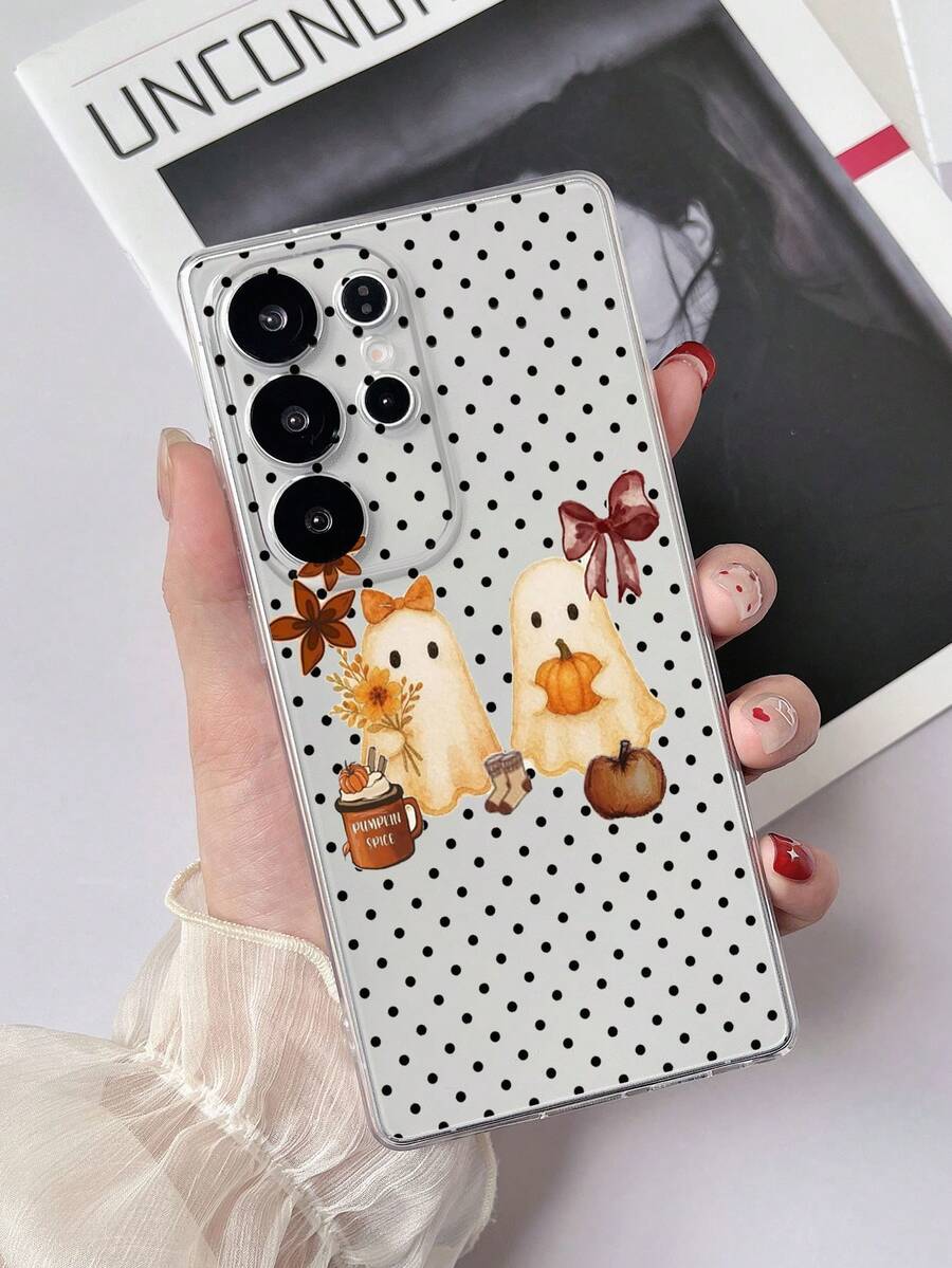 1pc Transparent TPU Anti-Drop Painted Polka Dot Ghost & Bow Pattern Phone Case Compatible With Samsung Galaxy S23 Ultra/A14/A24 Android Phones Note 12 Pro/Pixel 8/8 Pro/9 Pro XL Android Phones - Multicolor - View 1