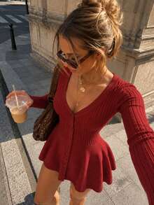 Y2K Elegant Autumn Minimalist Front Button Slim Fit V-Neck Long Sleeve A-Line Flared Hem Ribbed Knit Sweater Dress, Casual Party Holiday Christmas Outfit - Red - View 1