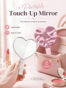 Cute Heart-Shaped Portable Makeup Mirror, Mini Handheld Eyelash Mirror, Specially Designed For Women - Suitable For Travel And Parties. Pink-Silver Ripple Style, Suitable For Student Dormitories, Offices, And Desktops. - Multicolor - View 4