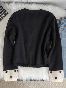 Women's Black & White Polka Dot Patchwork Knit Cardigan Sweater, Thick Autumn/Winter New Style, Round Neck, Single-Breasted, Contrast Color Pockets, Long Sleeve, Small Jacket - Black - View 9