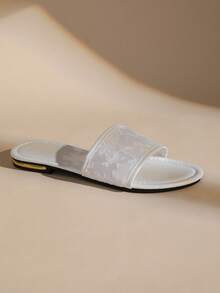 Plus Size Women's White Jacquard Flat Slide Sandals, Summer Non-Slip Open Toe Slippers - White - View 6