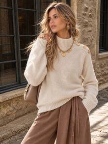 Vuslat Women's Autumn/Winter Soft Knit Sweater, Metal Button Half-High Neck Base Layer Top, Commuting, Casual Shopping, Cafe, Christmas - Apricot - View 3