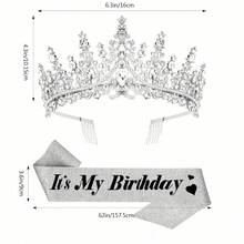 1 Set Birthday Ribbon Crown Set, Shiny Waistband, Sparkling Crystal Crown, Adult Women Birthday Gift, Suitable For Girls Birthday, Party Gift, The Best Gift For Her - Multicolor - View 3