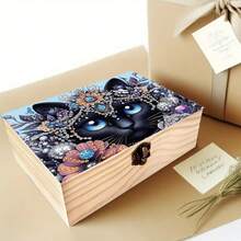 1 Set Diamond Painting Black Cat Pattern Handmade Art Wooden Box With Flip Lid And Lock, Multi-Function Storage Box For Small Items, Jewelry And Mosaic Crafts, Happy New Year, Valentine's Day, Easter, Wedding - Multicolor - View 9