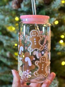 Soft Pink Gingerbread Man Print Glass Straw Cup, With Pink Lid And Transparent Glass Straw, Printed With Snowflake, Candy Cane And Small Heart Patterns, Large Capacity Design, Suitable For Iced Coffee And Fruit Tea, Full Of Sweet Christmas Atmosphere - Multicolor - View 7