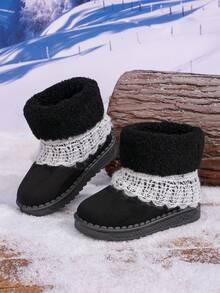 女童蕾絲飾邊雪地靴，冬季保暖內裡兒童靴，軟底幼兒踝靴 - 黑色 - 查看 6