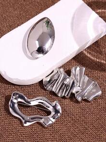 3pcs Set Personalized Minimalist Silver Geometric Asymmetric Pleated Hollow Water Drop Brooch Set, Versatile Style, Suitable For Autumn/Winter Coats And Blazers - Silver - View 2