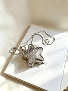Niche Design Pentagram Rhinestone Evening Bag, Silver Heavy-Duty Rhinestone Mini Chain Crossbody Bag, Sparkling Small Bag For Formal Dress - Silver - View 2