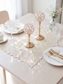 1pc Floral Embroidered Lace Table Runner, Scalloped Edge Beige Tablecloth, European Style Dining Table Decor, Suitable For Wedding, Party, Home And Kitchen Decoration - Champagne - View 4