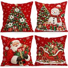 4pcs Classic Red Christmas Pillow Covers, Christmas Tree Snowman Santa Claus Sleigh Gift Print Pattern, Single-Sided Printed Pillow Covers/Cushion Covers, Multi-Scene Atmosphere Decorative Pillow Covers Suitable For Living Room Sofa Bedroom, Pillow Insert Not Included - Multicolor - View 5
