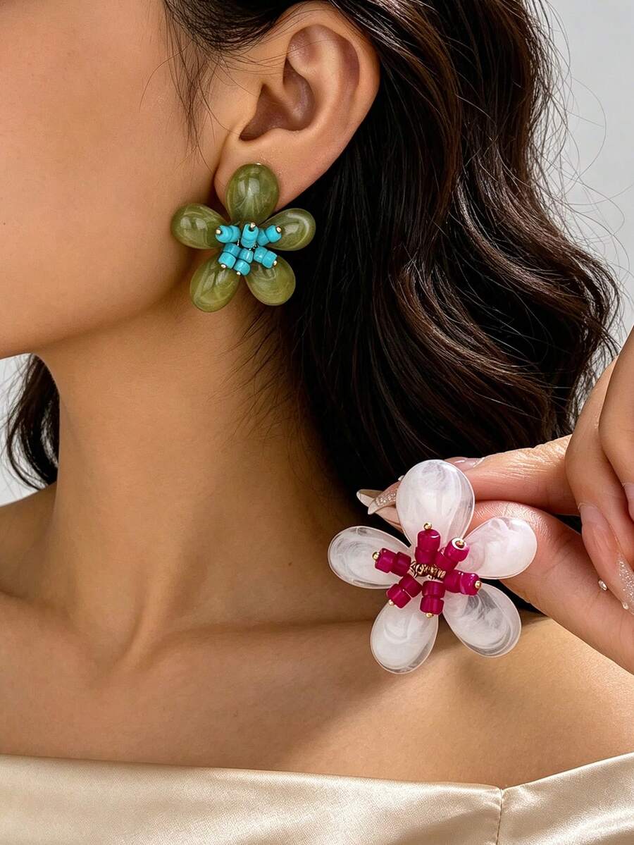 2 pares/sets de pendientes de botón con flores de resina en bloques de color dopamina, estilo pastoral, hechos a mano con cuentas, pendientes de flores grandes - Blanco-verde - Ver 1