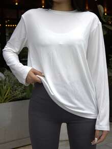 Small Shoulder Drop Sleeve Long Sleeve T-Shirt, Solid Black, Loose Casual - White - View 2