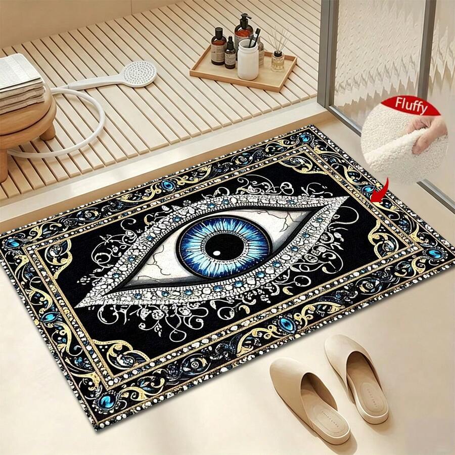 1pc 2D Flat Evil Eye Pattern Design Microfiber Bath Rug,Non-Slip Soft Bathroom Mat,Doormat,Water Absorption Mat,Machine Washable,Low Pile,TPR Backing,Knit Fabric,ForBedroom,Kitchen, Entryway,Indoor Use,Accessories & Home Decor,Perfect New Home Gift. - C - View 1