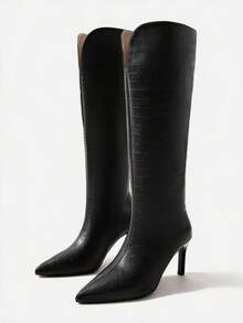 2025夏季新款女款兩向鈕扣拼接鬆弛感時尚高跟靴 尖頭細高跟長靴 - 黑色 - 查看 9