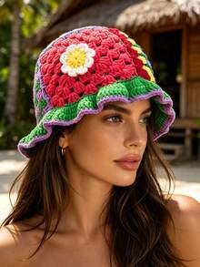 OBOVAY 1 buah Topi Ember Wanita Y2K Warna-warni Buatan Tangan, Topi Rajut Patchwork Blok Warna Gaya Hip-Hop Jalanan, Cocok untuk Pemakaian Sehari-hari, Liburan, Bohemian - Sepuluh warna - View 3