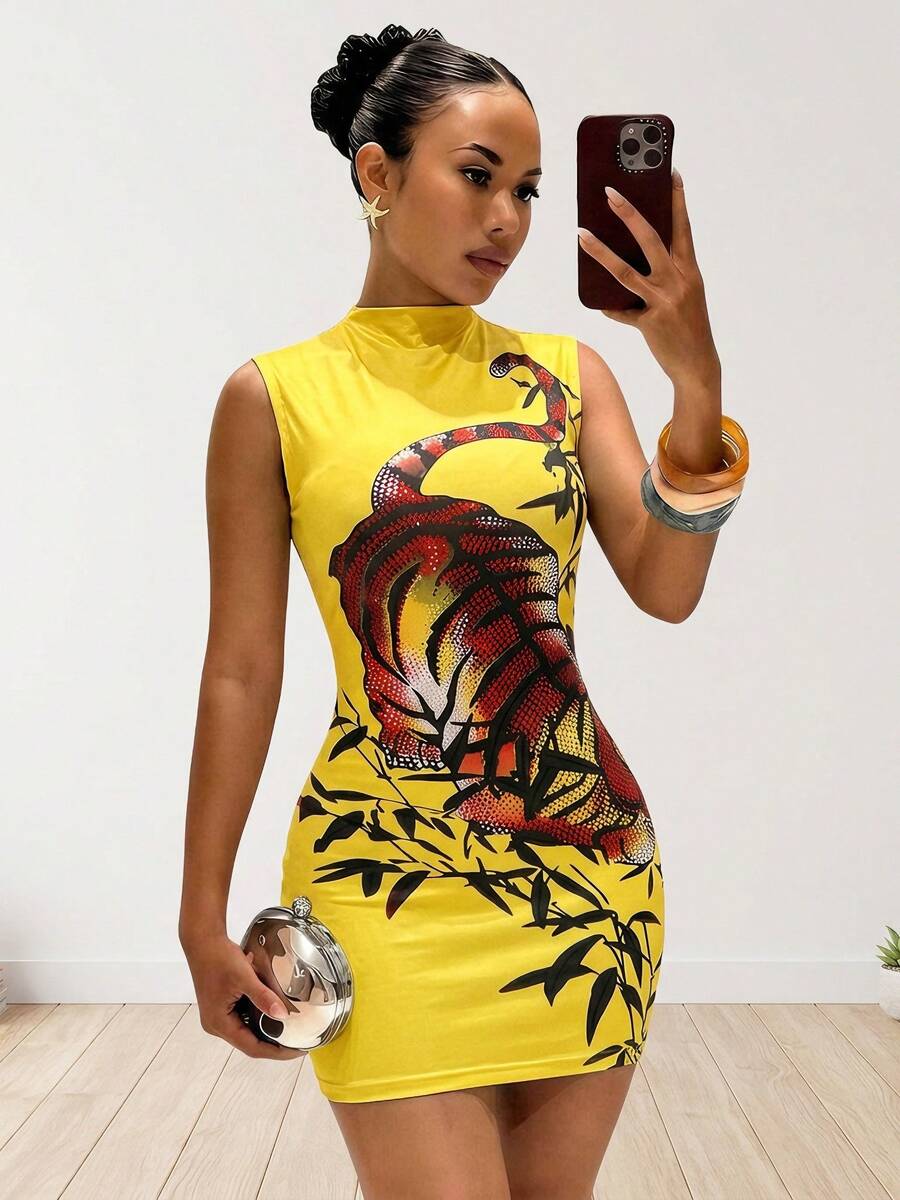 DOUCIU Fashion Women's Yellow Fitted Mini Skirt, Sleeveless Halter Neck Design, Knit Fabric With Tiger Print, Suitable For Party And Daily Wear - Yellow - View 1