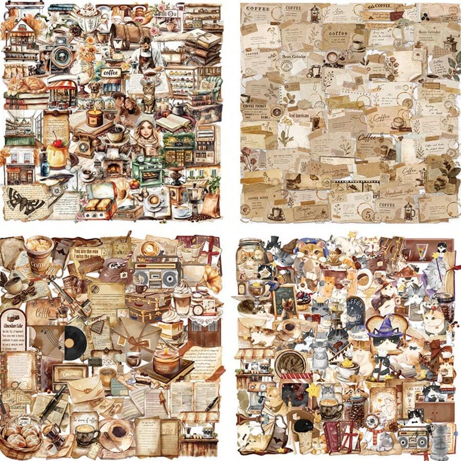 200pcs Retro Cafe Cartoon Graffiti Stickers Skateboard Water Bottle Notebook Mobile Phone Toy Decal Sticker PET Decoration - Khaki - View 1