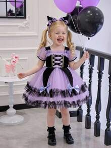 Baby Girl Square Neck Contrast Color Mesh Patchwork Satin Cute Halloween Party Princess Dress Suitable For Ball, Headband Not Included - Multicolor - View 3