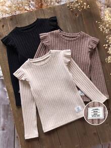 Tween Girls Tween Girl Autumn Winter Set Apricot Brown Black Flutter Sleeve Ruffle Trim Cute Casual Versatile All-Match Ribbed Knit Fitted Long Sleeve Base Layer T-Shirt Tops 3pcs - Multicolor - View 7