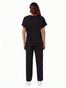 Solid Color V-Neck Short Sleeve Top And Elastic Waist Multi-Pocket Scrub Pants Scrub Uniform Set - Black - View 6