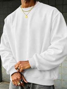 FRACTYR Men's Minimalist Solid Color Crew Neck Sweatshirt, Loose Street Casual Pullover Top For Spring And Autumn - White - View 1