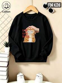 Kids' Cute Cat Print Pullover Sweatshirt, 'To Be Loved Like This' Red Text, Loose Fit Round Neck Long Sleeve, - Black - View 3