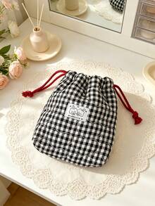1pc Heart Quilted Drawstring Pouch Grid Print Cosmetic Bag Portable Travel Storage Bag For Makeup Jewelry Accessories & Earbuds Multi-Use Sundries Bag - Multicolor - View 7