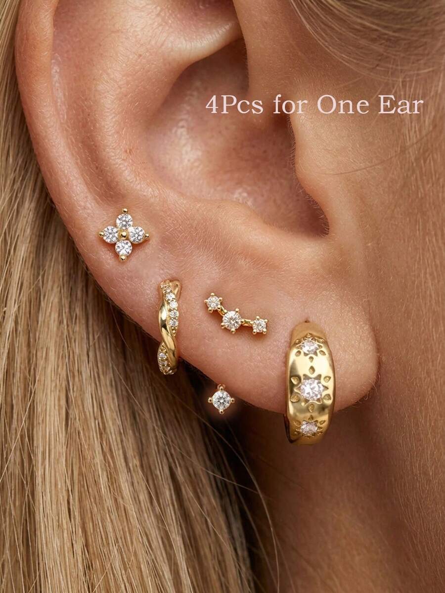 4Pcs Zirconia Stud Jacket Hoop Earring Stackable Set, 14K Gold Plated Flower Stud Earrings Cartilage Piercing Jewelry For Women Daily Gift Party - Gold - View 1