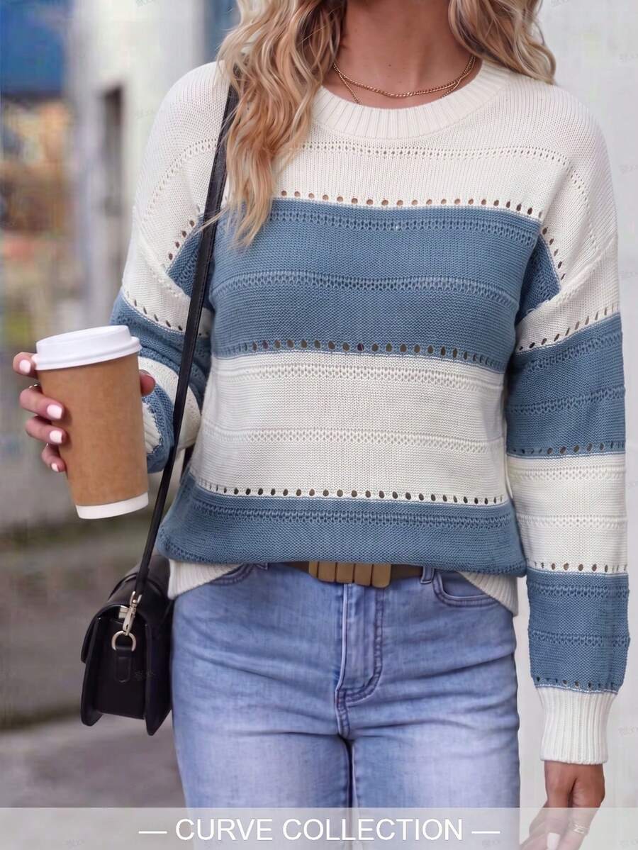 Plus Size Women's Blue & White Horizontal Striped Round Neck Knitted Sweater, Hollow-Out Mesh Knit Long Sleeve Loose Pullover, Beige & Misty Blue Contrast Color Ribbed Cuffs, Casual Commute Inner Layer Or Outer Top For Spring & Autumn - Blue - View 1