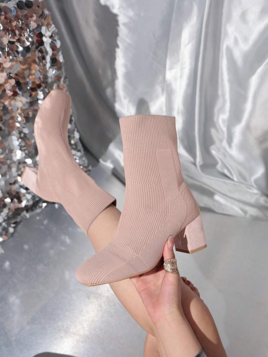 Women's Elastic Knit Square Toe Sock Boots, Mid-Calf Chunky Heel, Sexy Style, Solid Color Knit Fabric, Suitable For Dating And Commuting, Plus Size - Dusty Pink - View 1