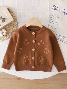 Girls' Fashion Design Knitted Sweater Long Sleeve Embroidered Cardigan Jacket Children's Clothing Winter Outfit Classic - Brown - View 1