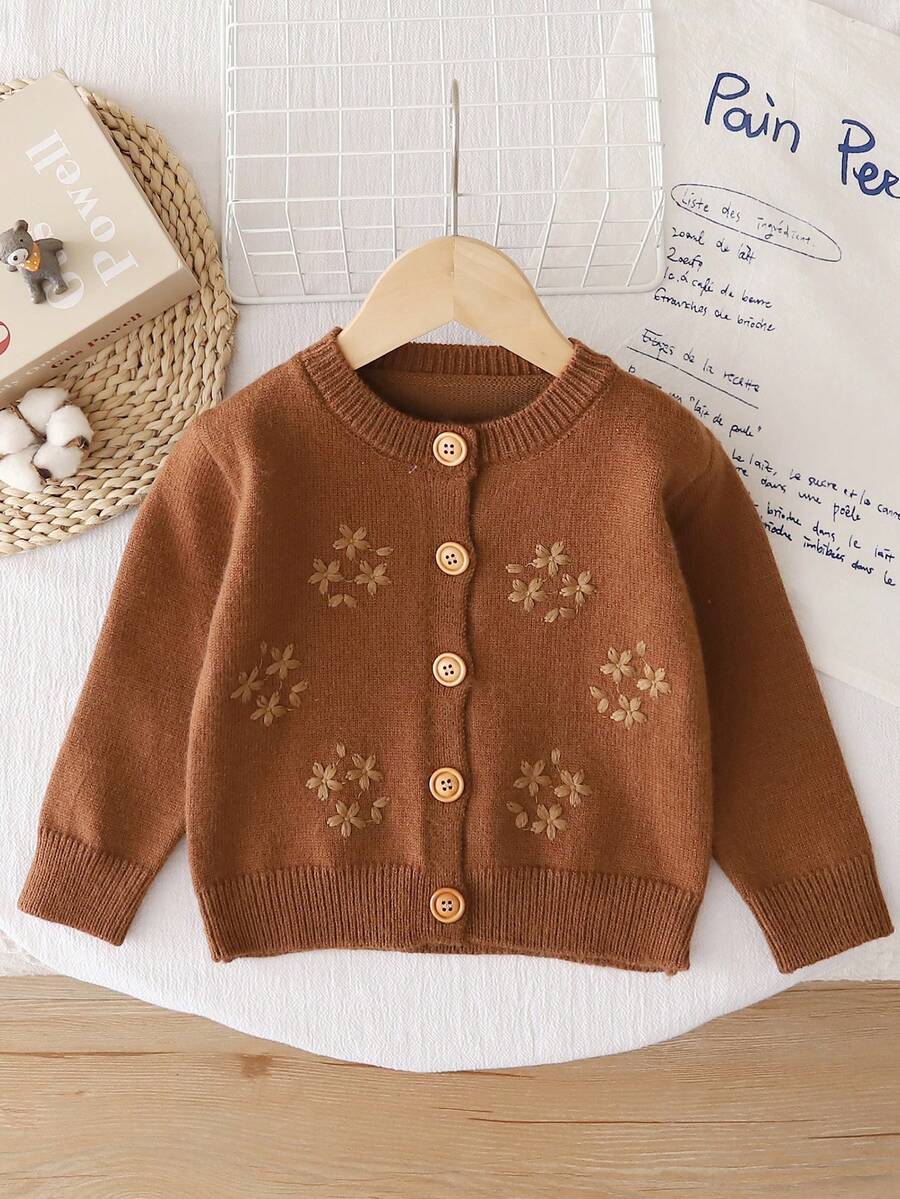 Girls' Fashion Design Knitted Sweater Long Sleeve Embroidered Cardigan Jacket Children's Clothing Winter Outfit Classic - Brown - View 1