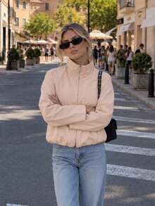 Women's Autumn Stand Collar Zipper Long Sleeve Casual Short Jacket - Pink - View 5