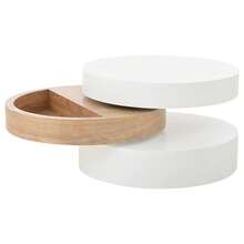 Three-Tier Cylindrical Coffee Table/Multi-Layered Color Scheme/Load Capacity: 30 Kg/Top And Bottom Panels Rotate 360°/Compact Size/Suitable For Living Room, Bedroom, Work Area/White + Natural Wood - White + Natural Wood - View 9