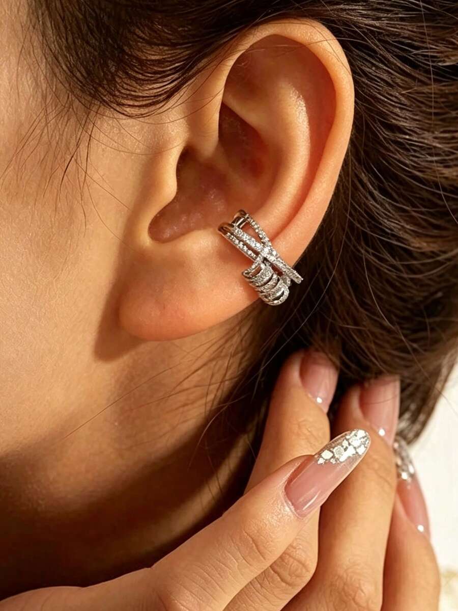 Anting Jepit Telinga Zirkonia Kubik Berlapis-lapis Elegan dan Modis untuk Wanita, Jepit Telinga Tembaga Tanpa Tindik, Perhiasan Telinga Lilit untuk Pesta Sehari-hari - Perak - View 1