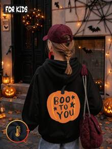 بلوزة هودي من الصوف الناعم للبنات بطبعة قرع برتقالي وعبارة BOO TO YOU للهالوين والخريف والشتاء - الأسود - مشاهدة 3