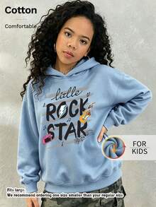 Kids Hooded Sweatshirt, Little Rock Star Guitar Music Note Graphic Print Thick Fleece Lined Pullover For Kids - Blue - View 3