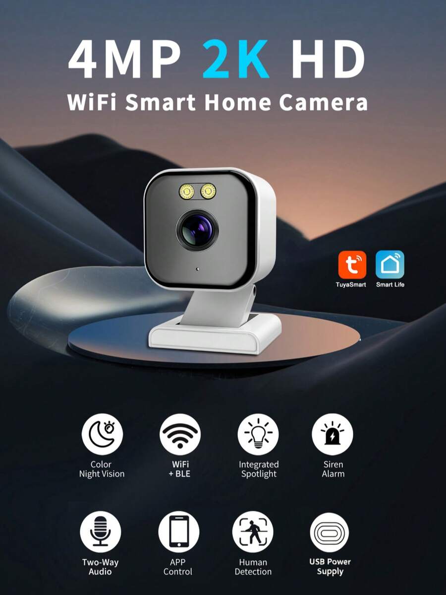 [Tuya]Smart Indoor Security Camera,4MP HD WiFi & Bluetooth Home Surveillance Cam,Two‑Way Audio,Human Motion Tracking,Night Vision,APP Alarm Notification,Supports Up To 256G SD Card For Pet Monitoring[USB Power Supply]