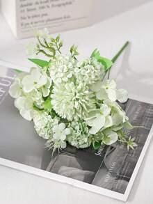 1pc Artificial Hydrangea & Chrysanthemum Mixed Flower Bouquet, Faux Silk Ball Flower Bunch With Green Leaves, Fall Autumn Home Vase Arrangement, Wedding Table Decor - Green - View 4