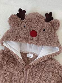 New Baby Boy Cartoon Christmas Reindeer Footed Romper, Thick Soft Fleece Hooded Crawler, Autumn/Winter Baby Outwear - Coffee Brown - View 6