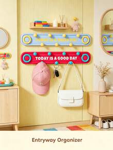 5/1pc Dopamine Style Plastic Rectangular Wall Mount Hook Rack With Colorful Round Bead&Letter Print Detail,Multi‑Hook Hanging Holder,Decorative Wall Hanger,Suitable For Daily Home Organization,Entryway,Bathroom, Bedroom, All‑Season Indoor Decor Use - Multicolor - View 4