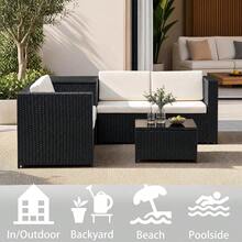 AYAYM Garden Furniture Set With Cushions, Convertible L‑Shaped Outdoor Rattan Sofa Set With Storage Box & Glass Coffee Table For Patio Conservatory Garden, Black & White - 4‑seater Sofa With Coffee Table & Storage Box - View 6