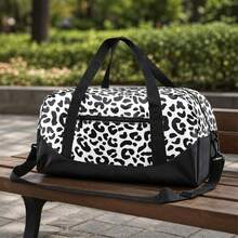Black And White Leopard Print Travel Bag, Zipper Closure Design, Equipped With Dual Handles, Adjustable Shoulder Strap And Front Pocket. This Fashionable Animal Print Large Capacity Handbag Is Specially Designed For Girls And Boys, Suitable For Fitness, Dance Training, Weekend Short Trips And Overnight Travel. - PLAIN-22 - View 3
