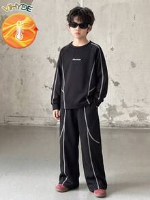 Vihyde Tween Boys Autumn/Winter Black Contrast Stitch Raglan Cool Colorblock Line Crew Neck Sweatshirt & Wide Leg Sweatpants 2 Pieces Set - Black - View 2