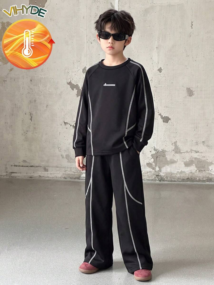 Vihyde Tween Boys Autumn/Winter Black Contrast Stitch Raglan Cool Colorblock Line Crew Neck Sweatshirt & Wide Leg Sweatpants 2 Pieces Set - Black - View 1