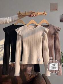 Tween Girls Tween Girl Autumn Winter Set Apricot Brown Black Flutter Sleeve Ruffle Trim Cute Casual Versatile All-Match Ribbed Knit Fitted Long Sleeve Base Layer T-Shirt Tops 3pcs - Multicolor - View 8