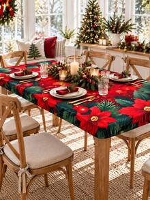 1pc Christmas Round Stretch Table Cloth, Red Green Poinsettia Holly Berry Print Elastic Fitted Tablecloth, Polyester Table Cover For Dining Table, Kitchen Table, Holiday Party, Winter Family Gathering, Indoor Home Decor - Multicolor - View 9